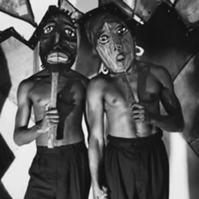 Black and white photos of shirtless dancers holding large masks in front of their faces